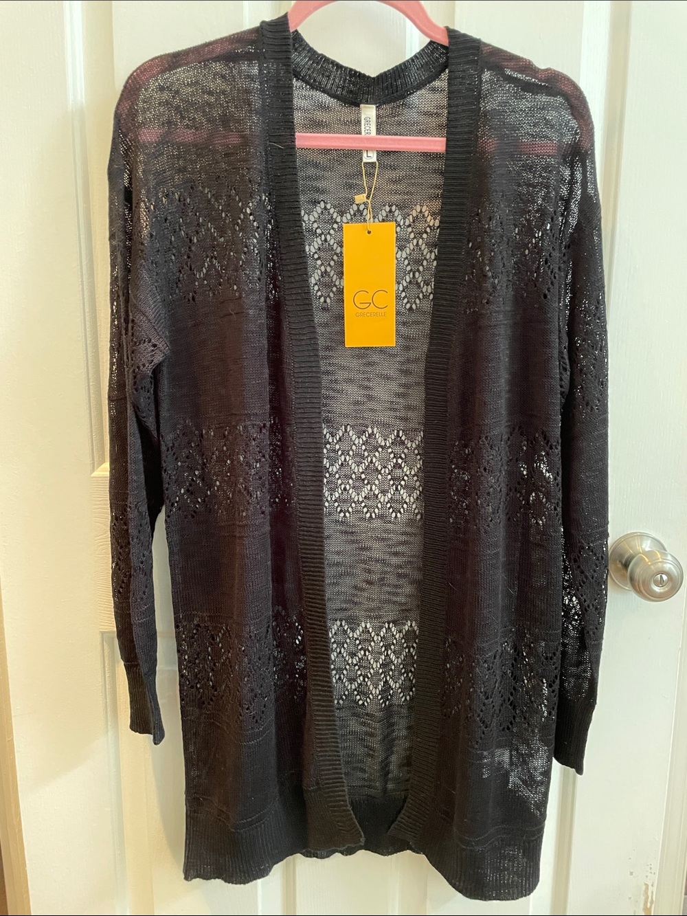 GC Collection Open-Work Knit Long Cardigan in Black Size L